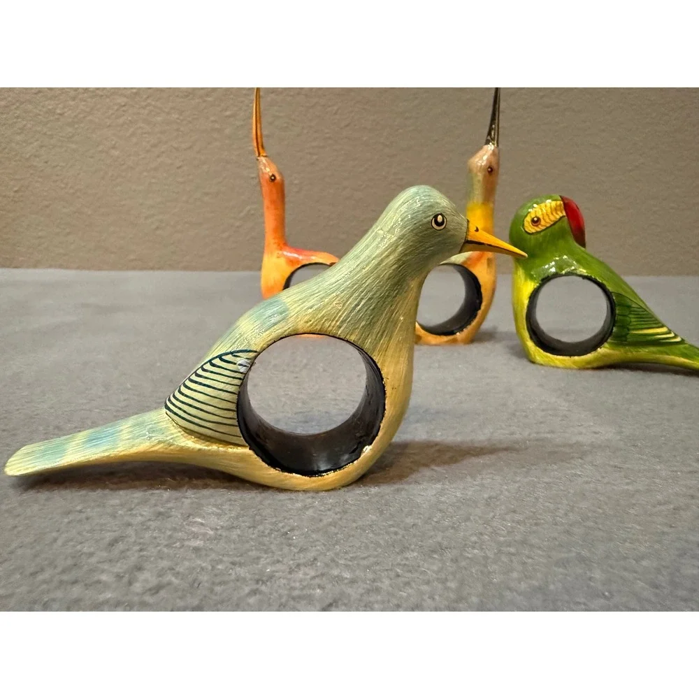 Vintage Hand Painted Wooden Bird Napkin Rings Set of 4 Tropical Folk Art Decor